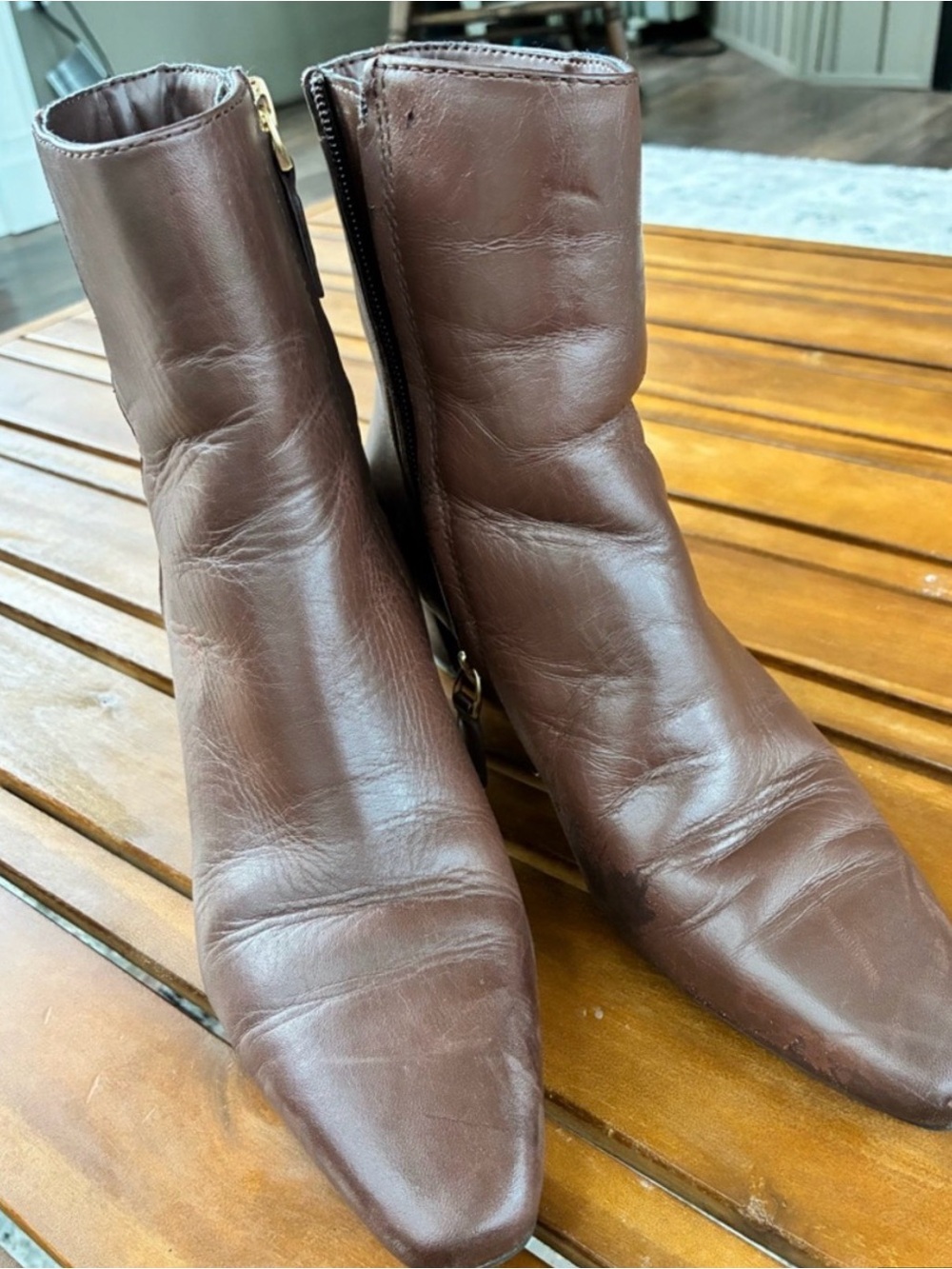 Ralph Lauren Brown Leather Pointed Toe Ankle Booties